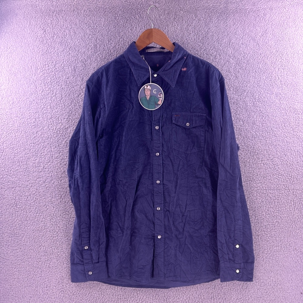 Criquet Mens XL Blue Corduroy Long Sleeve Snap Button Down Shirt Pocket